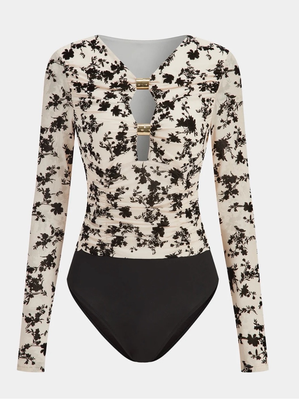 Commense Black Floral Ruched Long-Sleeve Bodysuit on Cream with Gold Hardware